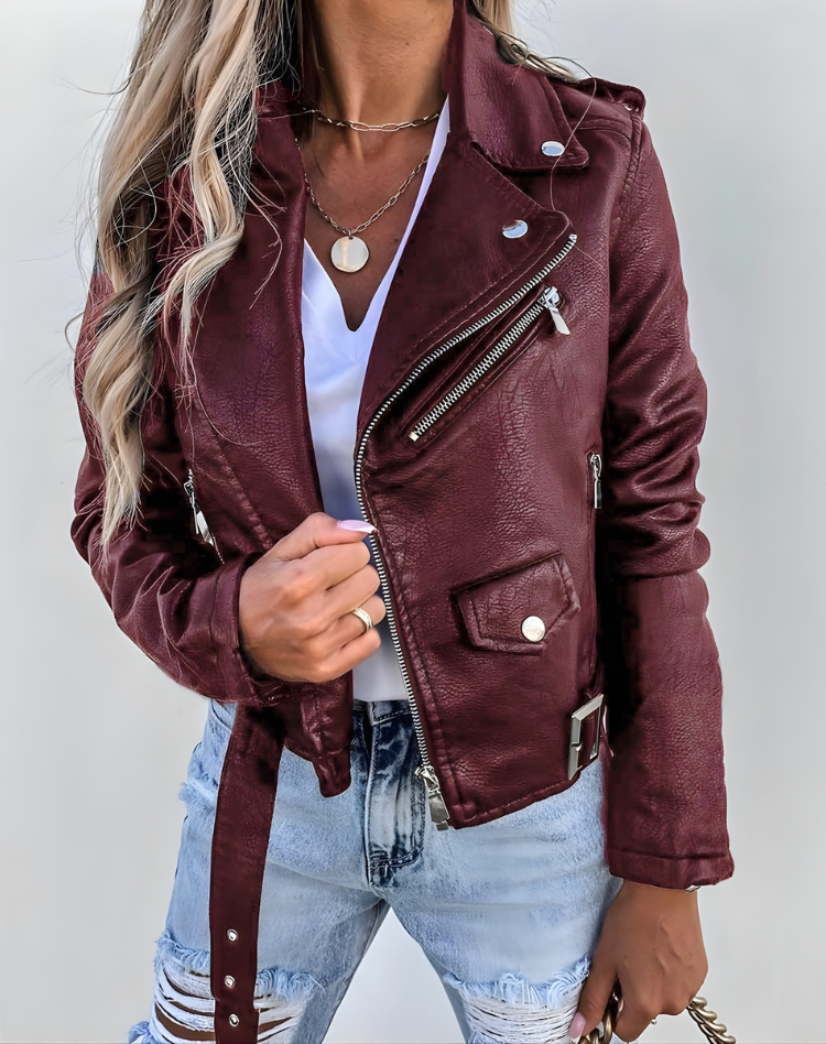 Edgy Leather Jacket for Women with Notched Lapel Long Sleeve Zip Front Belted Biker Style