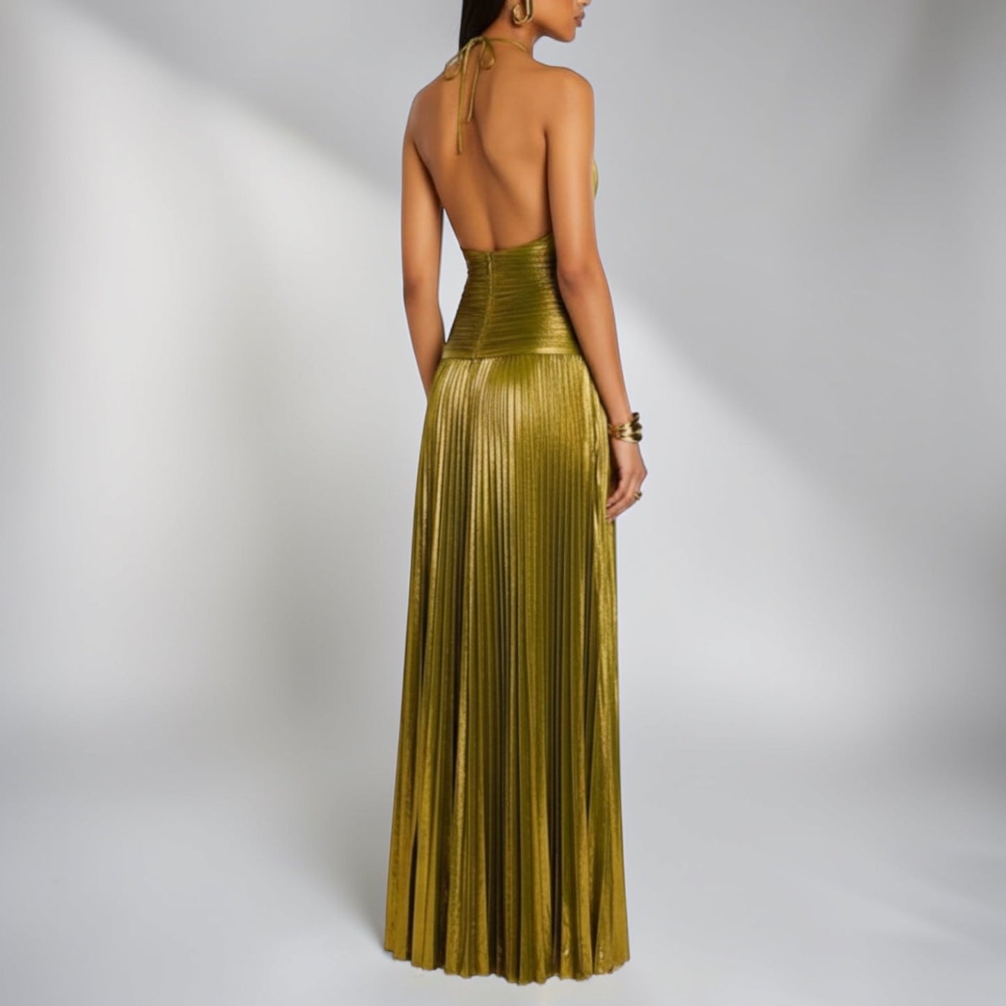 Elegant Gold Dress for Women with Halter Neck Sleeveless Pleated High Slit Maxi Style
