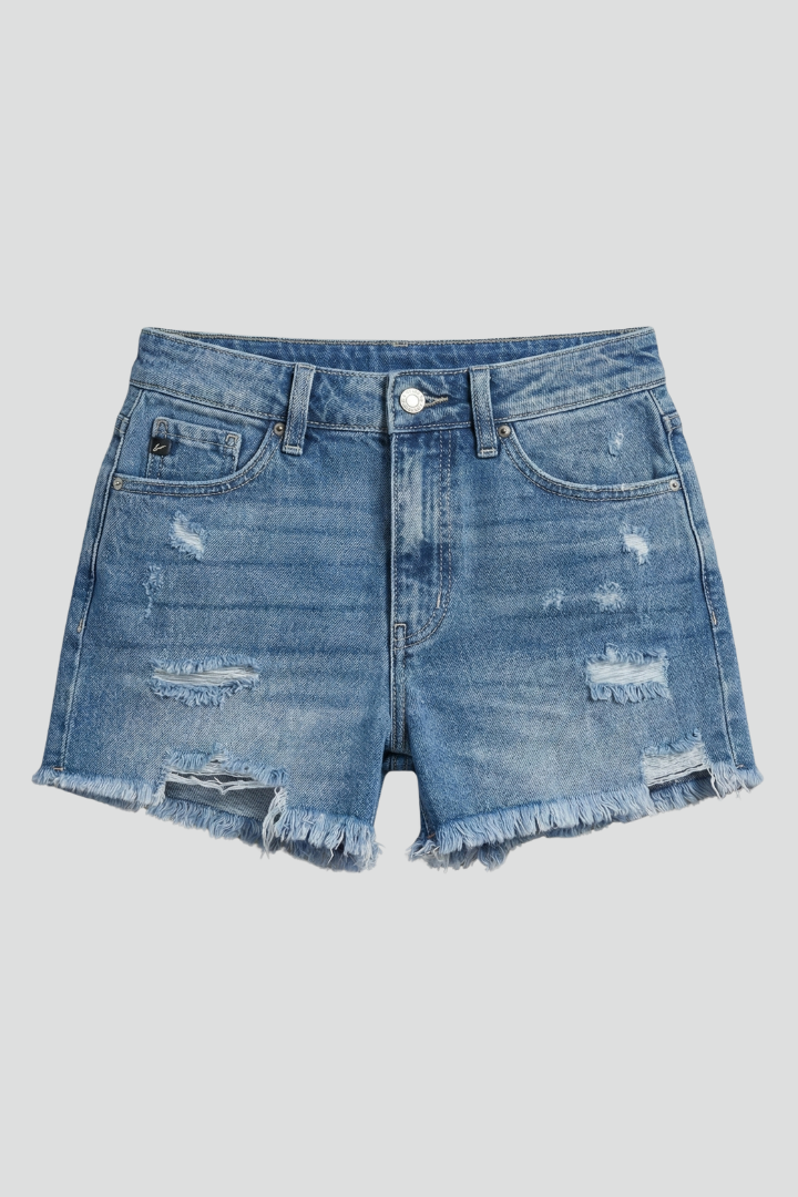 Effortless Light Blue Denim Shorts for Women with High Waist Distressed Frayed Hem Casual Style