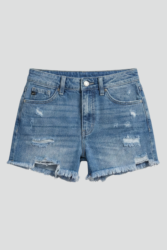Effortless Light Blue Denim Shorts for Women with High Waist Distressed Frayed Hem Casual Style