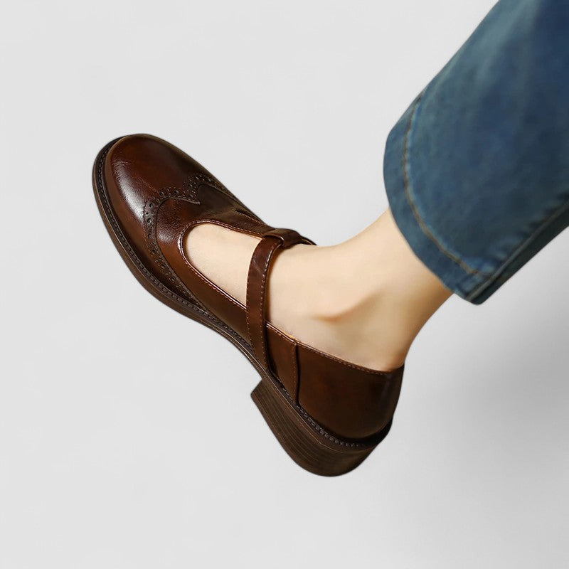 Comfortable Mary Jane Shoes for Women with Round Toe T Strap Brogue Buckle Flat Style