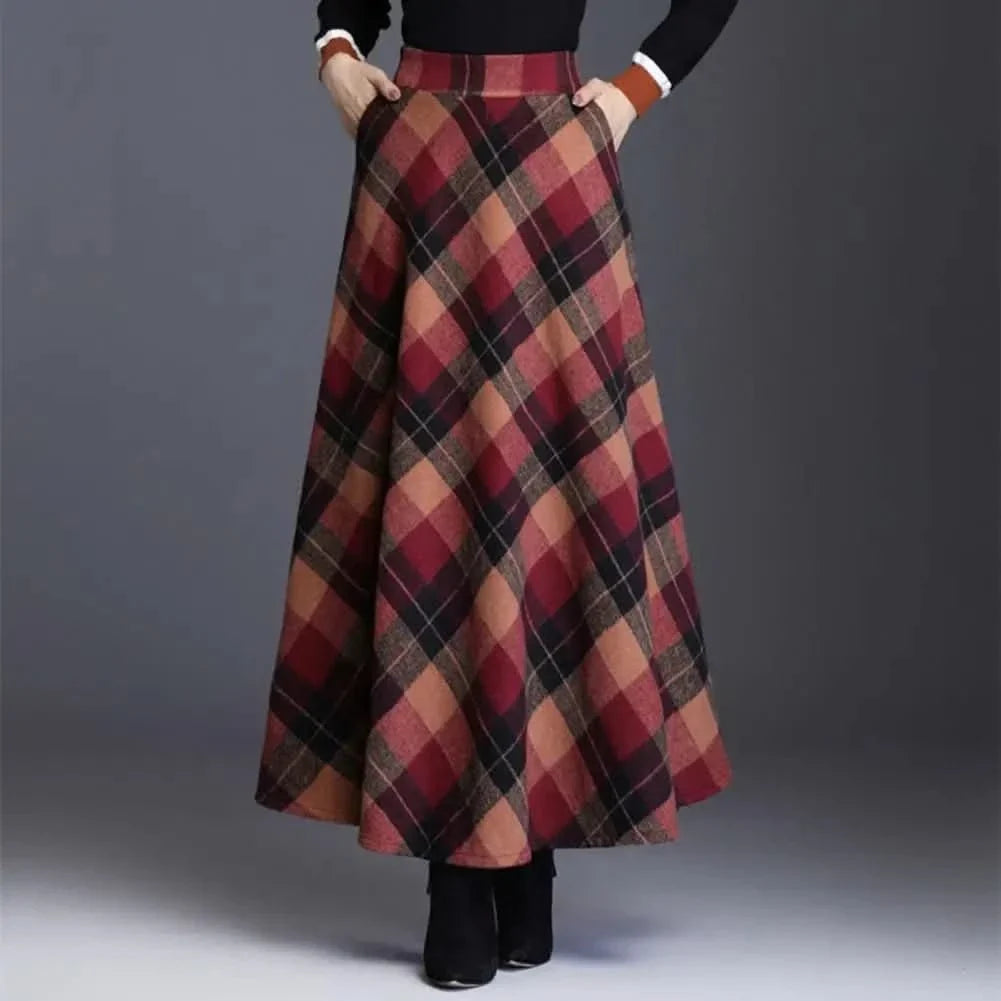 Elegant Plaid Maxi Skirt for Women with High Waist A Line Flared Flowing Style