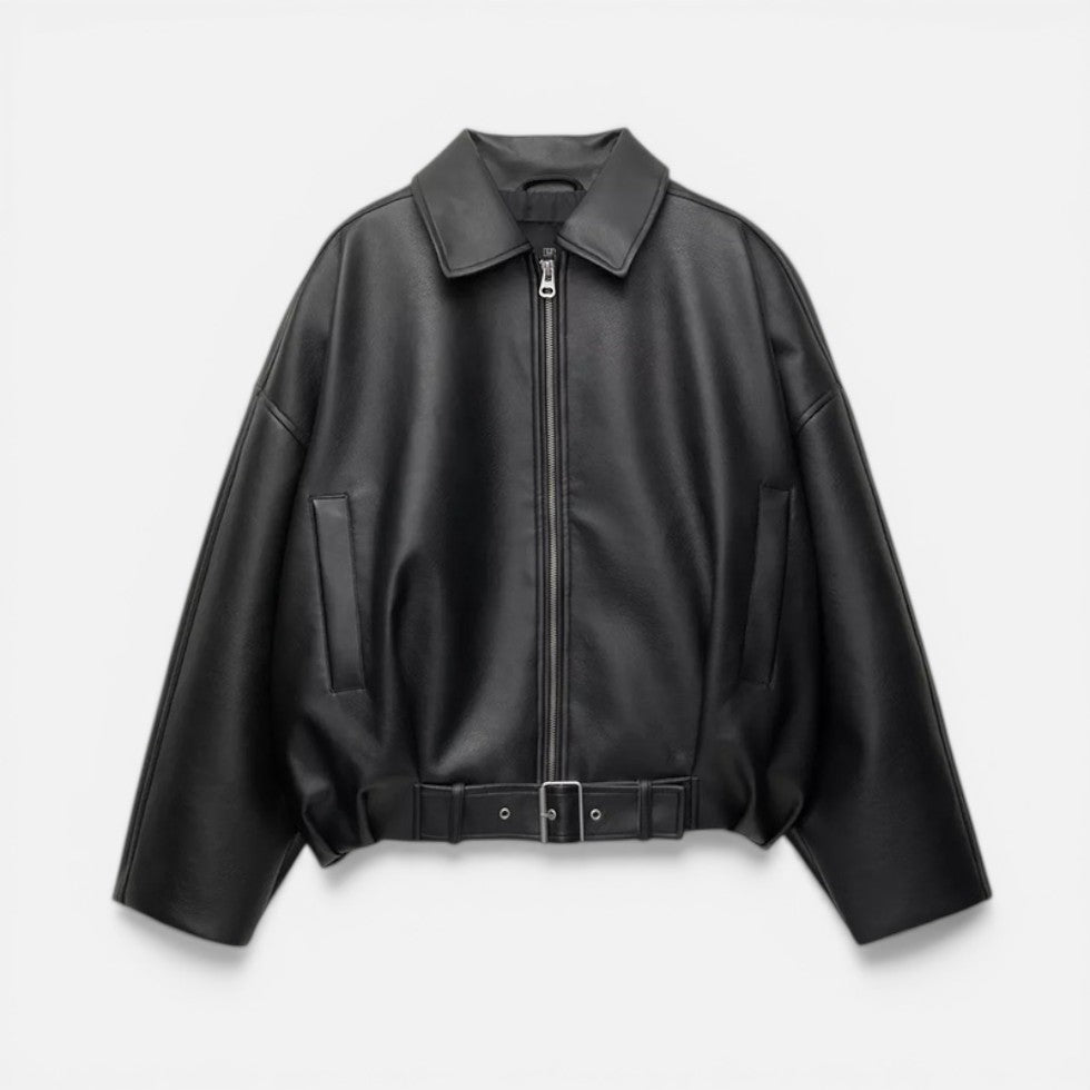 Elegant Leather Jacket for Women with Collar Long Sleeve Belted Oversized Bomber Style