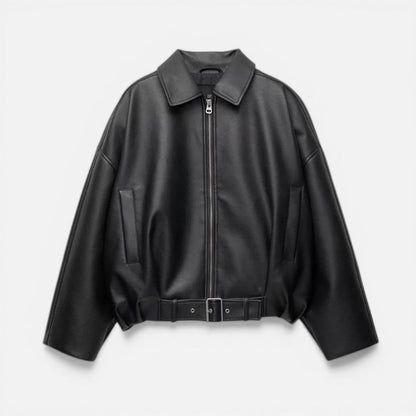 Elegant Leather Jacket for Women with Collar Long Sleeve Belted Oversized Bomber Style