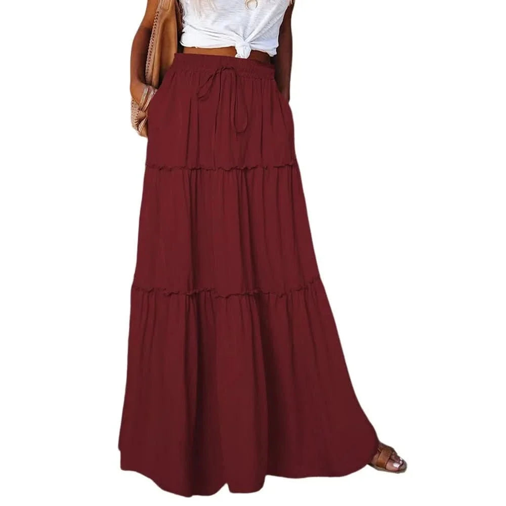 Effortless Tiered Maxi Skirt for Women with High Waist Drawstring Flowing Bohemian Style