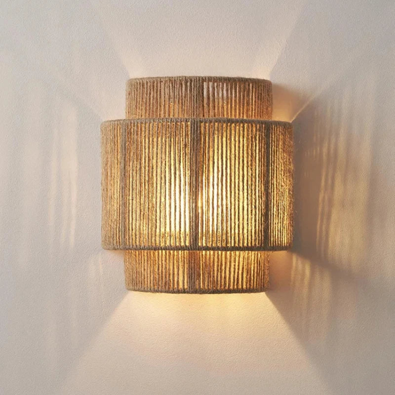 Rattan Wall Lamp Handwoven Boho Drum Shade Natural Indoor Bedside Sconce Wall Light