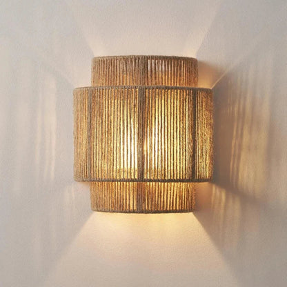 Rattan Wall Lamp Handwoven Boho Drum Shade Natural Indoor Bedside Sconce Wall Light