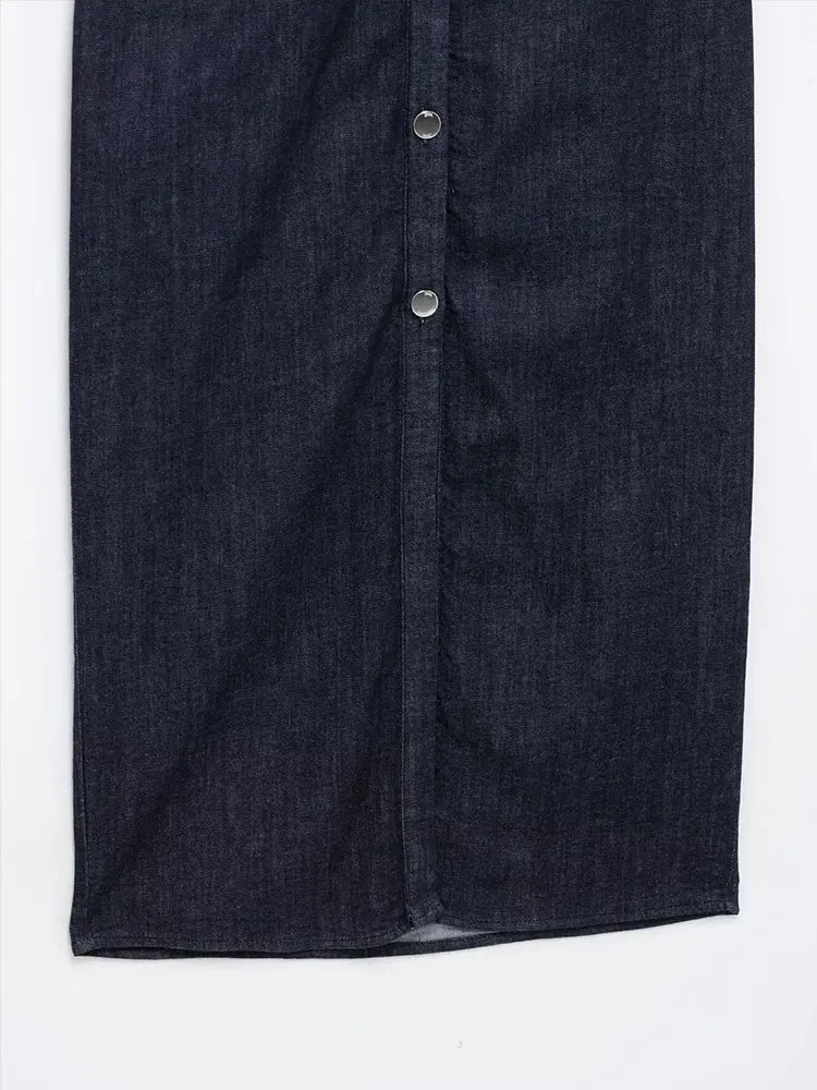 Elegant Indigo Denim Dress for Women with Collared V Neck Short Sleeve Button Front Ruched Maxi Style