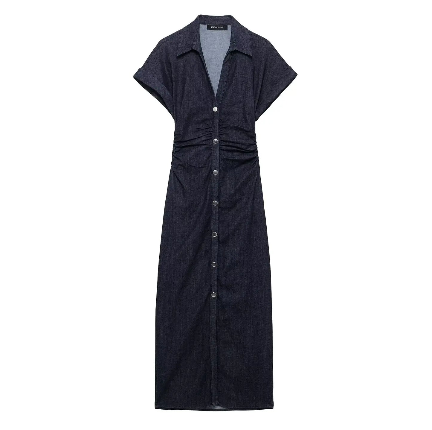 Elegant Indigo Denim Dress for Women with Collared V Neck Short Sleeve Button Front Ruched Maxi Style