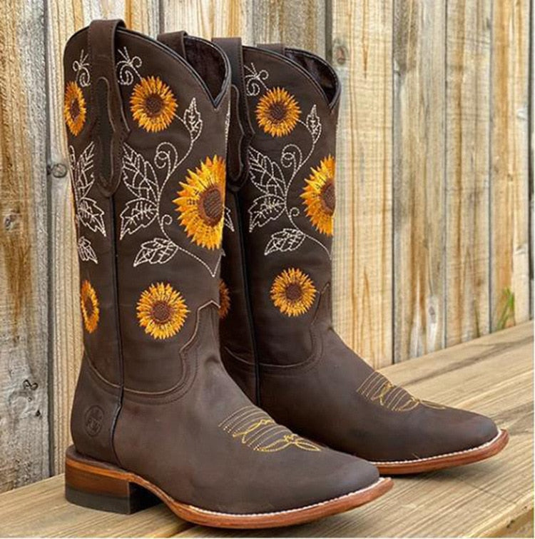 Effortless Brown Sunflower Embroidered Women's Boots with Snip Toe Block Heel Western Style