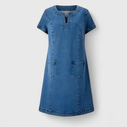 Effortless Blue Denim Dress for Women with Notch Neck Short Sleeve Patch Pocket Casual Style