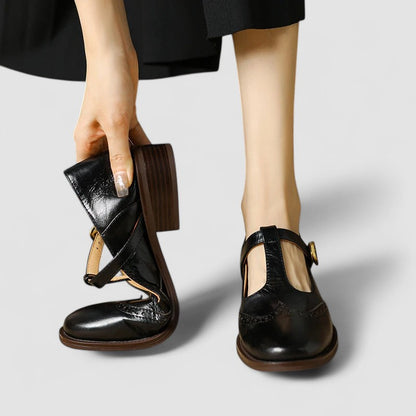 Comfortable Mary Jane Shoes for Women with Round Toe T Strap Brogue Buckle Flat Style