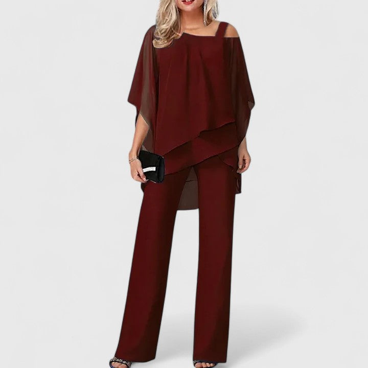 Elegant Two Piece Set for Women with Off Shoulder Cape Top Wide Leg Pants Formal Style