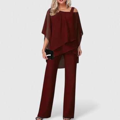 Elegant Two Piece Set for Women with Off Shoulder Cape Top Wide Leg Pants Formal Style