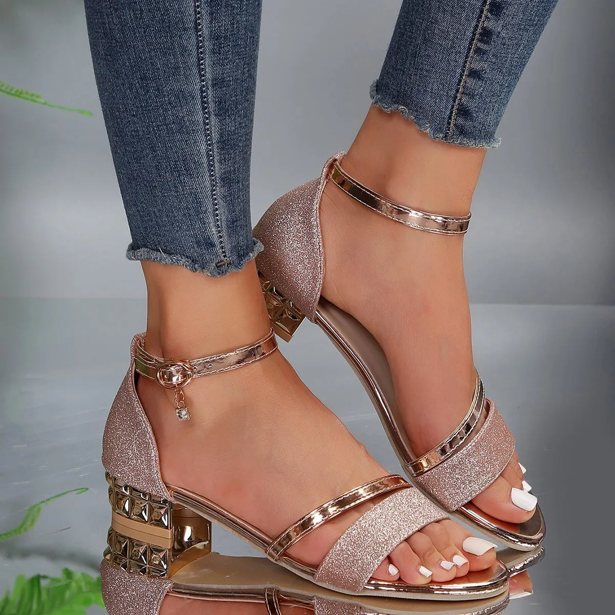 Elegant Wedge Sandals for Women with Metallic Strap Ankle Buckle Open Toe Style