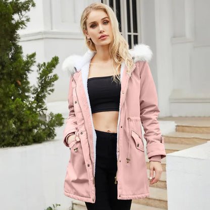 Cozy Faux Fur Trim Parka Jacket for Women with Hooded Long Sleeve Drawstring Waist Relaxed Style