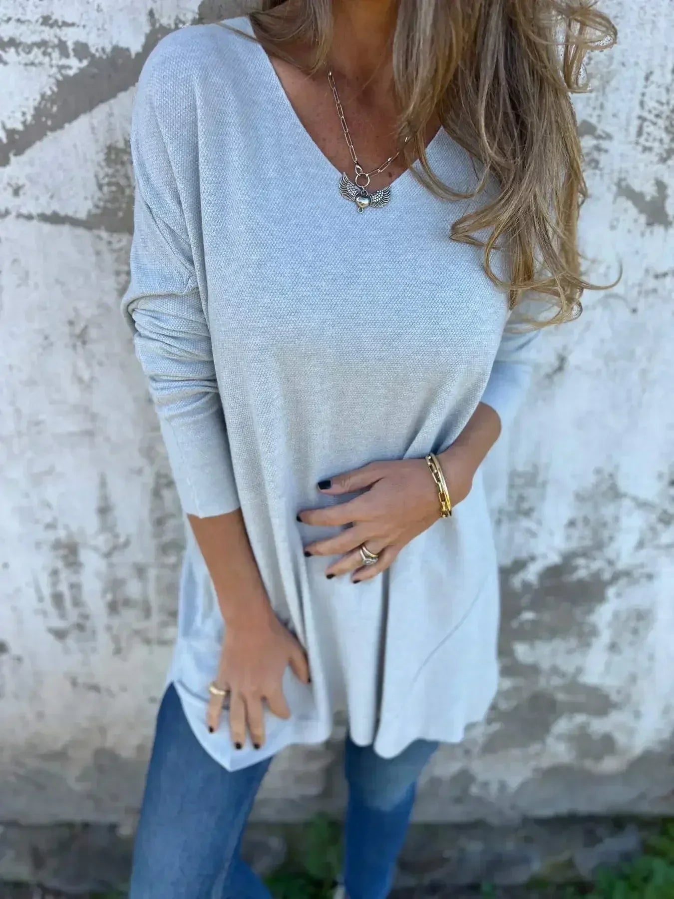 Effortless Ribbed Knit Tunic for Women with V Neck Long Sleeve Relaxed Oversized Style