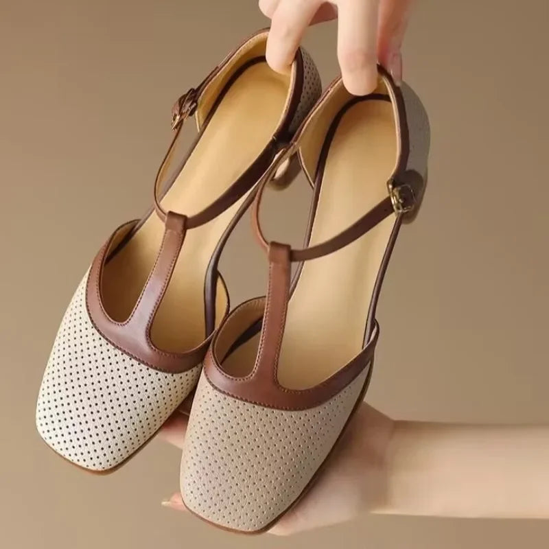 Elegant Flats for Women with T-Strap Block Heel Round Toe Style