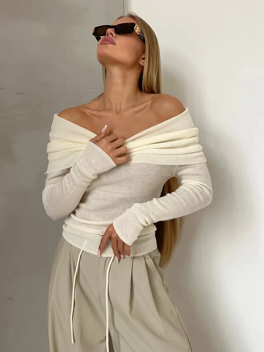 Effortless Ribbed Off The Shoulder Top for Women with Foldover Collar Long Sleeve Fitted Casual Style