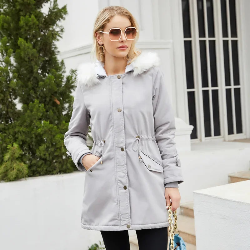Cozy Faux Fur Trim Parka Jacket for Women with Hooded Long Sleeve Drawstring Waist Relaxed Style