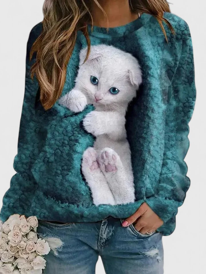Comfortable Cat Print Sweater for Women with Crew Neck Long Sleeve Cozy Oversized Knit Style