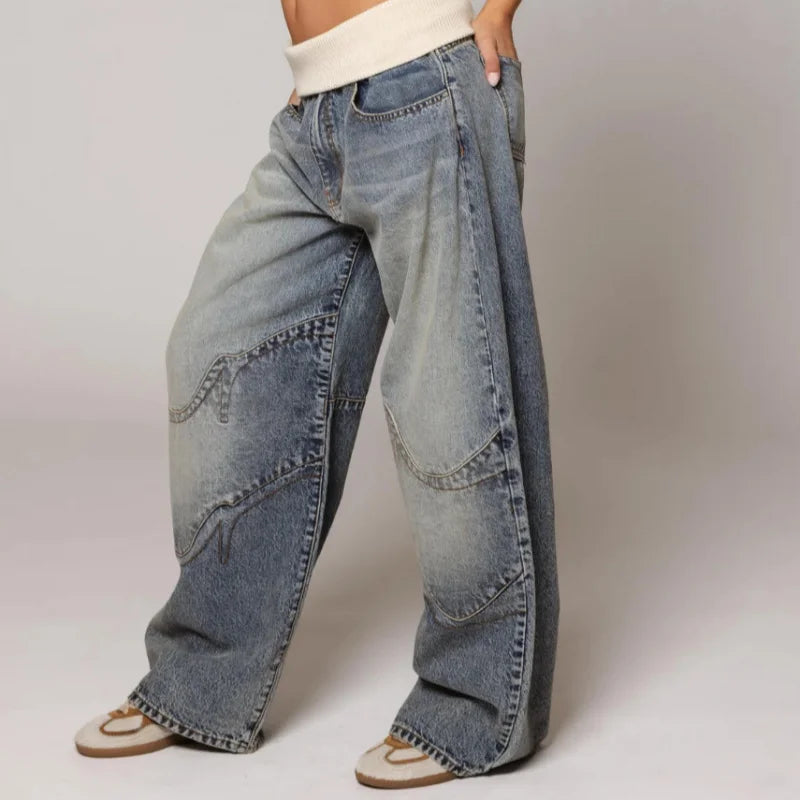 Effortless Light Blue Wide Leg Jeans for Women with Contrast Ribbed Waistband Baggy Relaxed Style