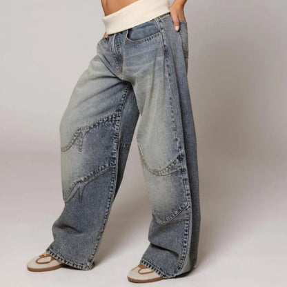Effortless Light Blue Wide Leg Jeans for Women with Contrast Ribbed Waistband Baggy Relaxed Style