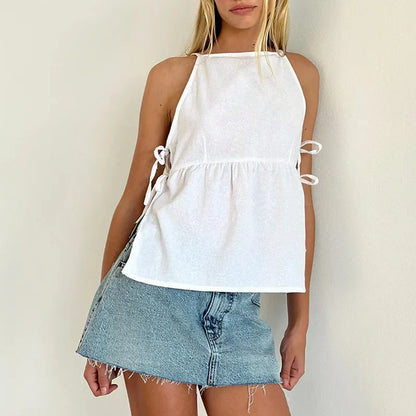 Effortless Plaid Tank Top for Women with High Neck Sleeveless Tie Side Peplum Casual Style