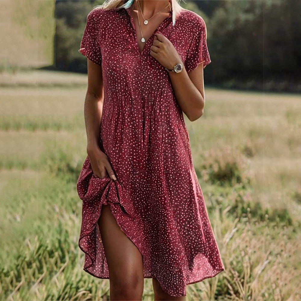 Effortless Floral Midi Dress for Women with V Neck Short Sleeve Side Slit Bohemian Style