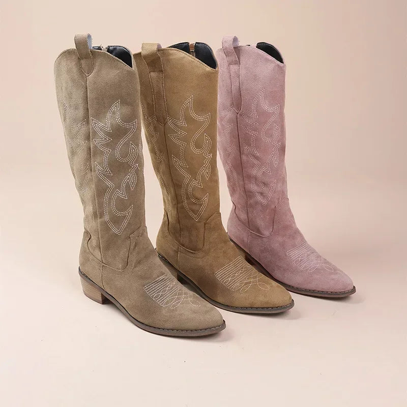 Stylish Suede Embroidered Women's Boots for Women with Pointed Toe Stacked Heel Western Cowgirl Style