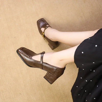Elegant Mary Jane Shoes for Women with Buckle Strap Block Heel Square Toe Style