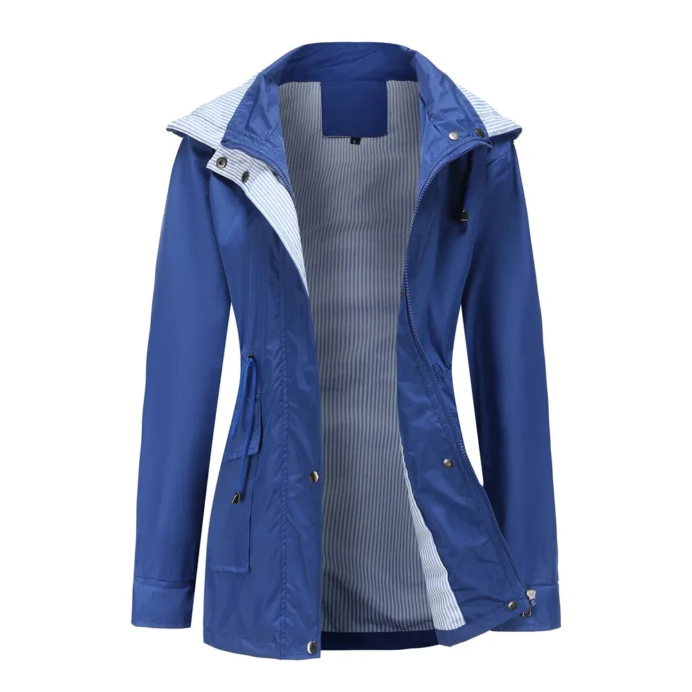 Effortless Rain Jacket for Women with Hooded Collar Long Sleeve Drawstring Waist Relaxed Style