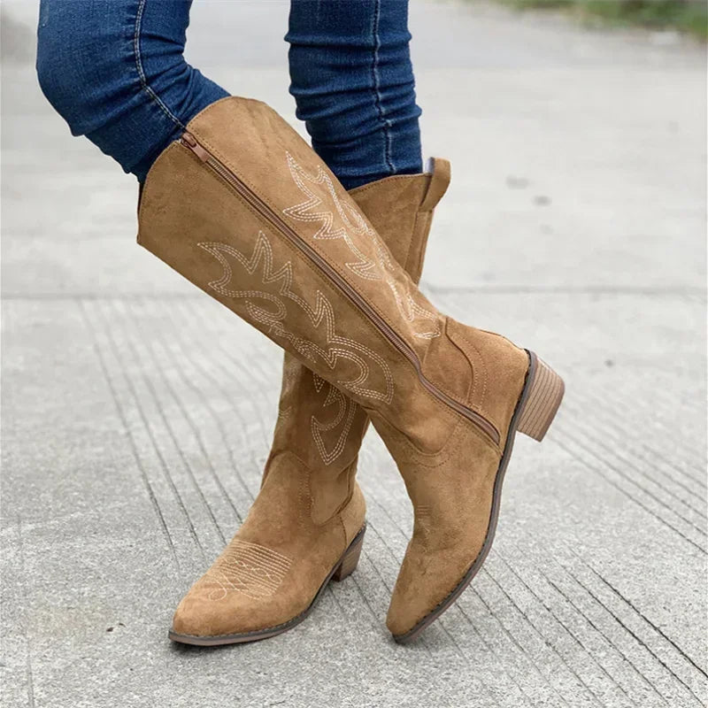 Stylish Suede Embroidered Women's Boots for Women with Pointed Toe Stacked Heel Western Cowgirl Style