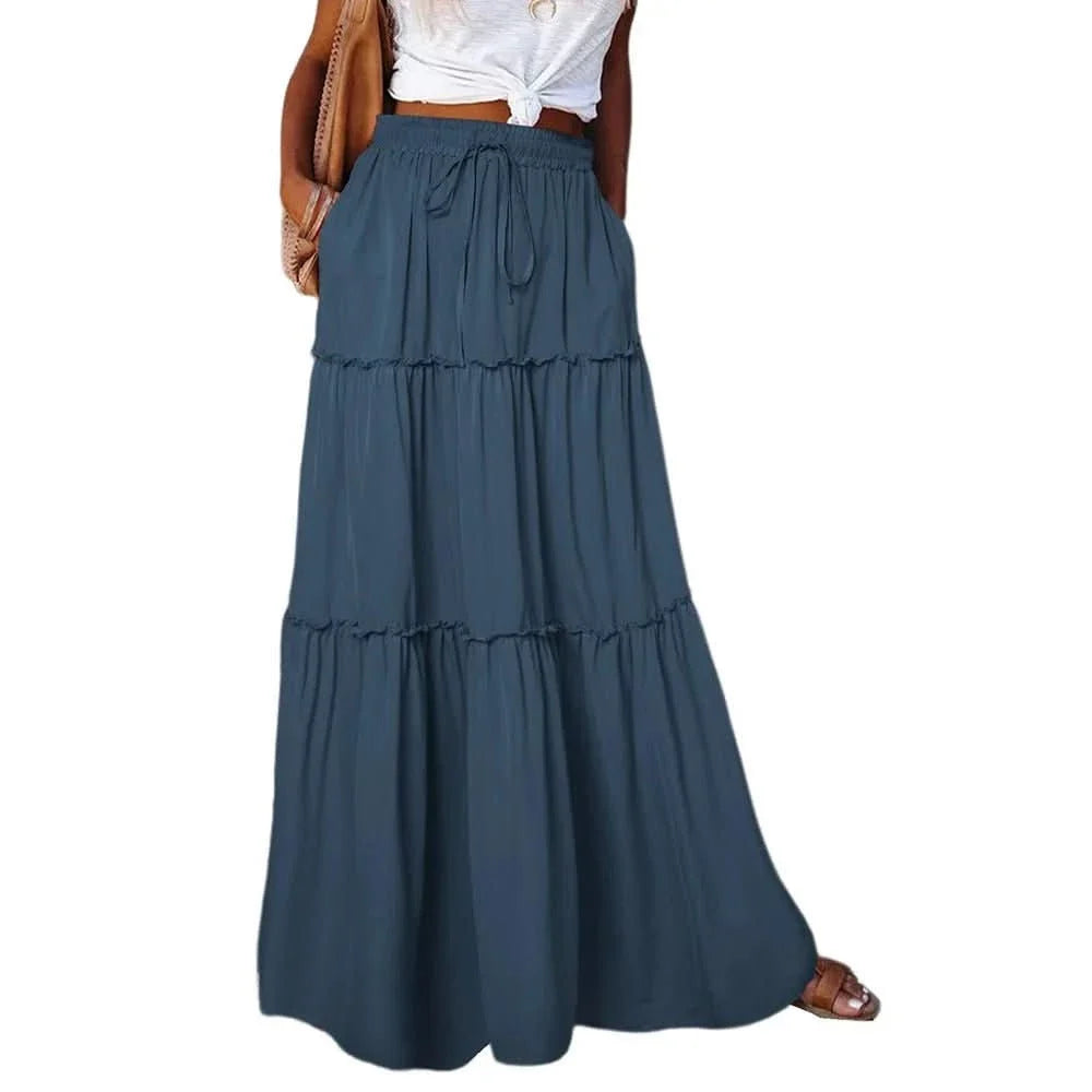 Effortless Tiered Maxi Skirt for Women with High Waist Drawstring Flowing Bohemian Style