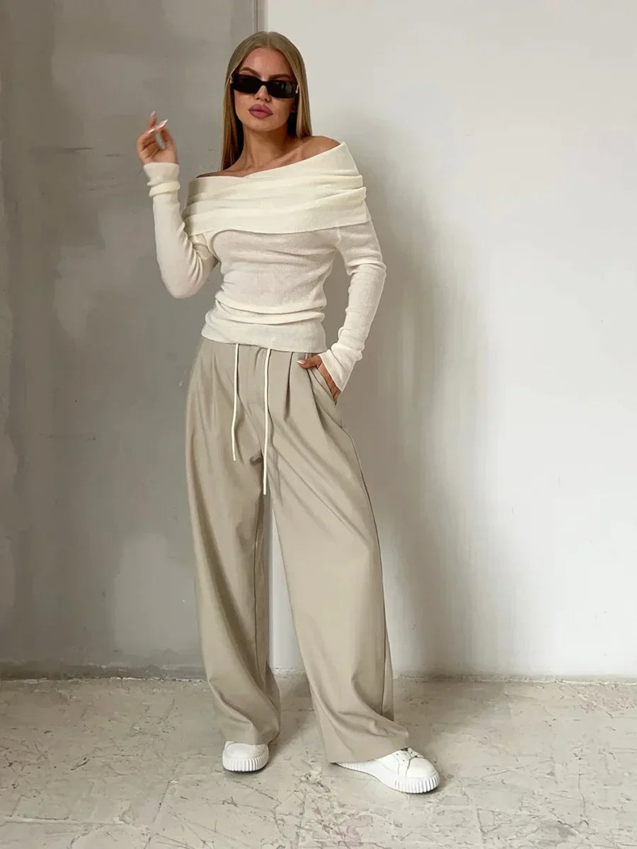 Effortless Ribbed Off The Shoulder Top for Women with Foldover Collar Long Sleeve Fitted Casual Style