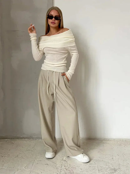 Effortless Ribbed Off The Shoulder Top for Women with Foldover Collar Long Sleeve Fitted Casual Style