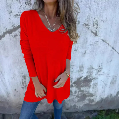 Effortless Ribbed Knit Tunic for Women with V Neck Long Sleeve Relaxed Oversized Style