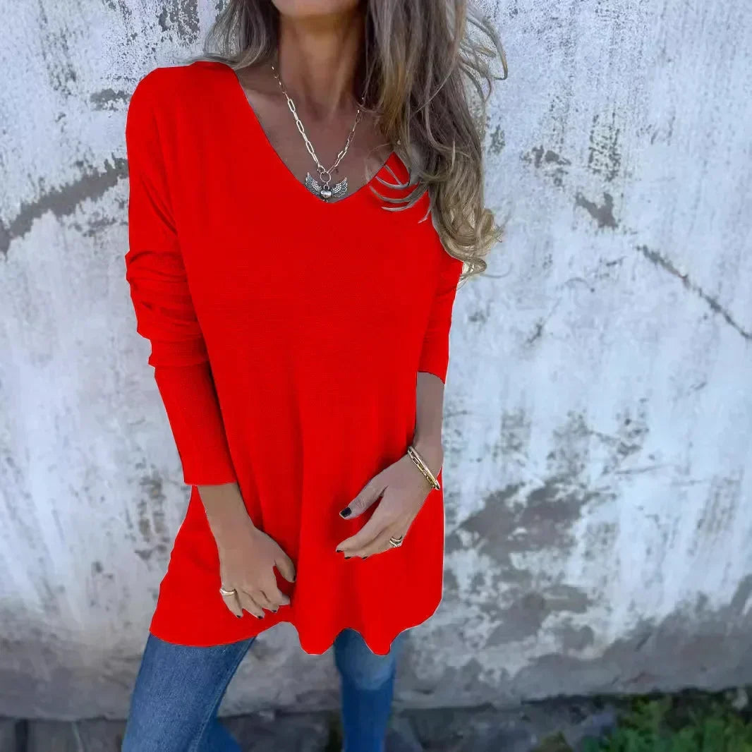 Effortless Green Knit Tunic for Women with V Neck Long Sleeve Relaxed Oversized Style