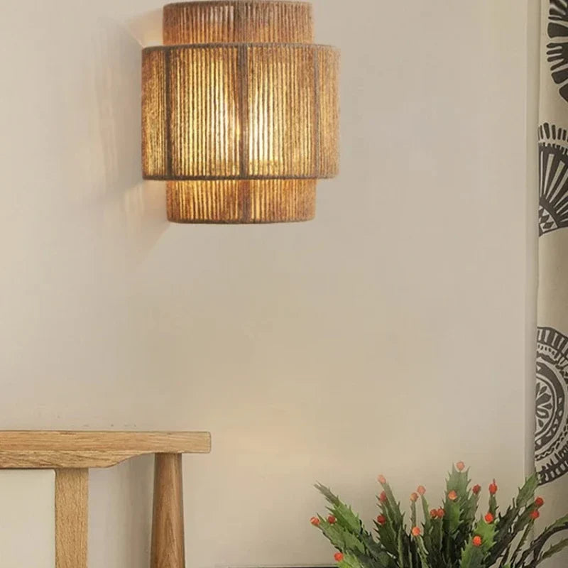 Rattan Wall Lamp Handwoven Boho Drum Shade Natural Indoor Bedside Sconce Wall Light