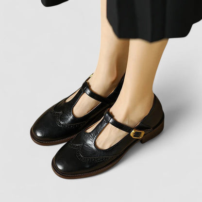 Comfortable Mary Jane Shoes for Women with Round Toe T Strap Brogue Buckle Flat Style