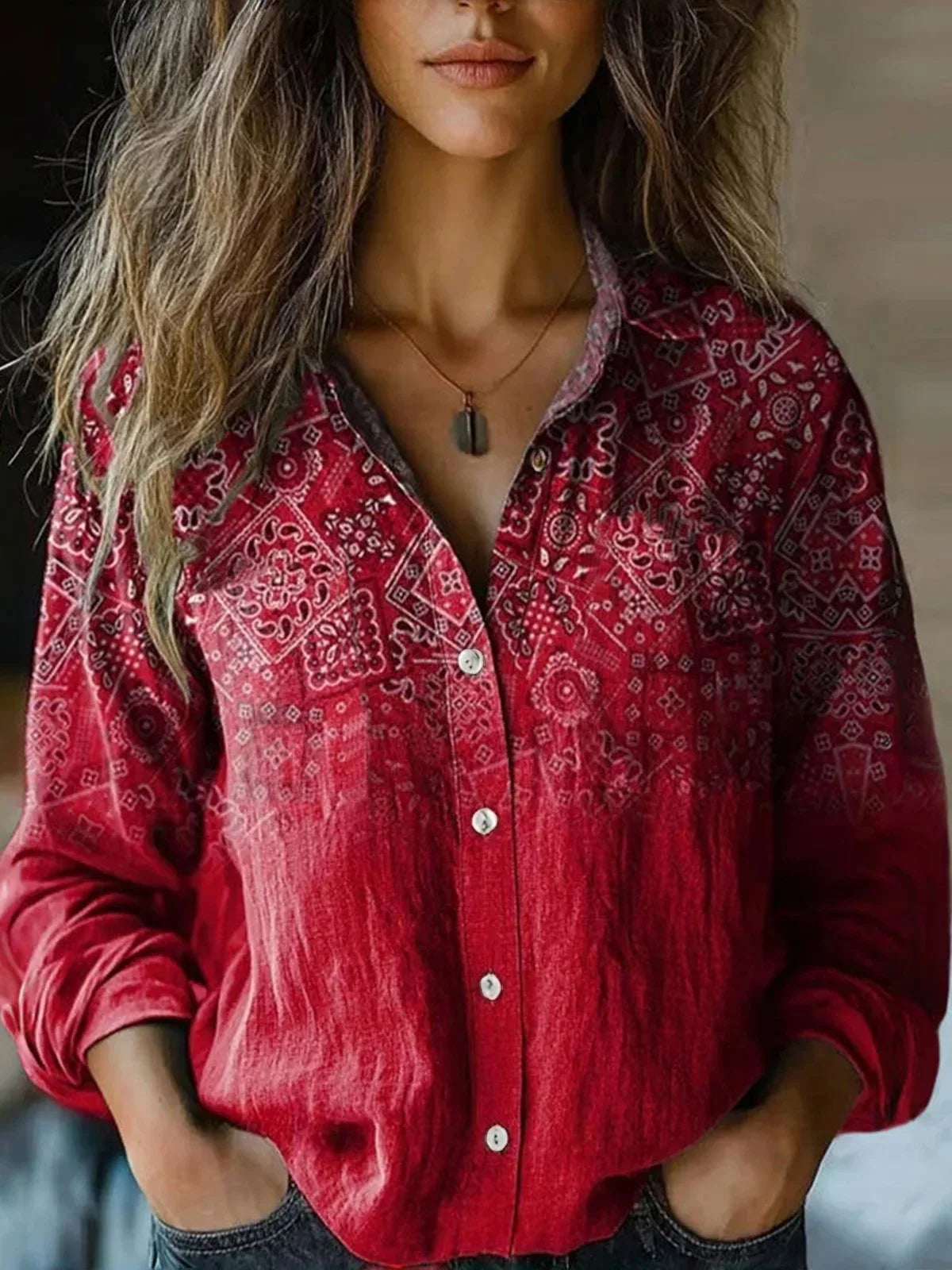 Effortless Floral Print Blouse for Women with V Neck Long Sleeve Quarter Zip Oversized Bohemian Style