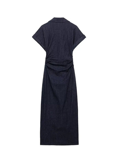 Elegant Indigo Denim Dress for Women with Collared V Neck Short Sleeve Button Front Ruched Maxi Style
