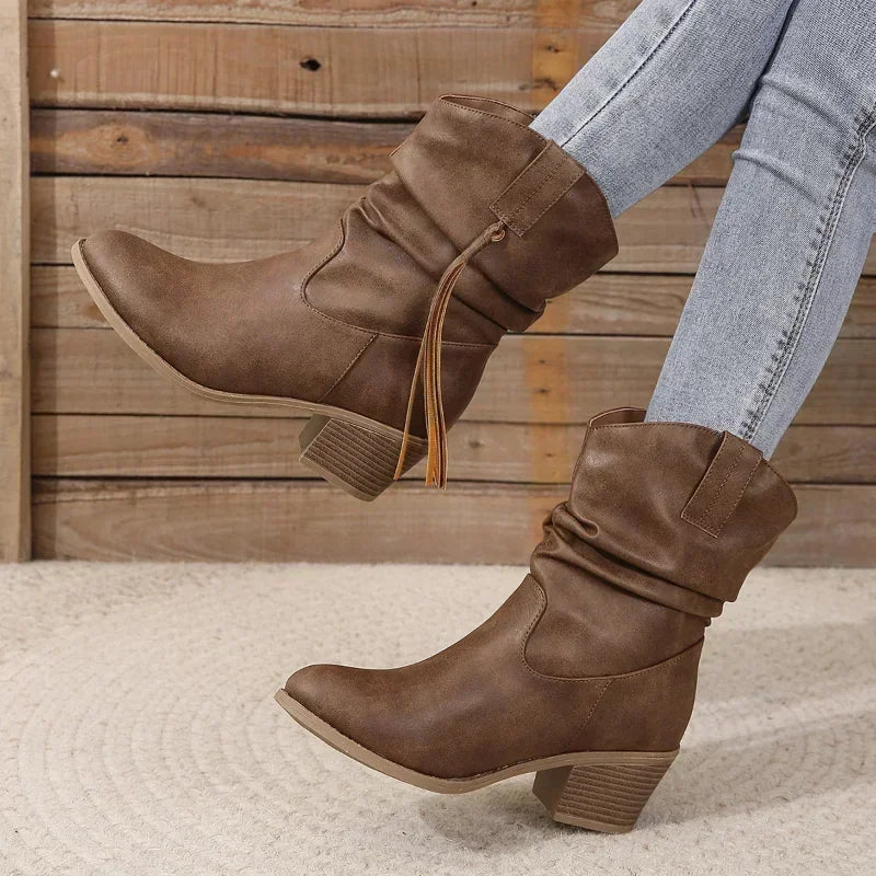 Stylish Dark Brown Boots for Women with Round Toe Braided Tassel Block Heel Western Ankle Style