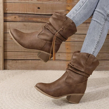 Stylish Dark Brown Boots for Women with Round Toe Braided Tassel Block Heel Western Ankle Style