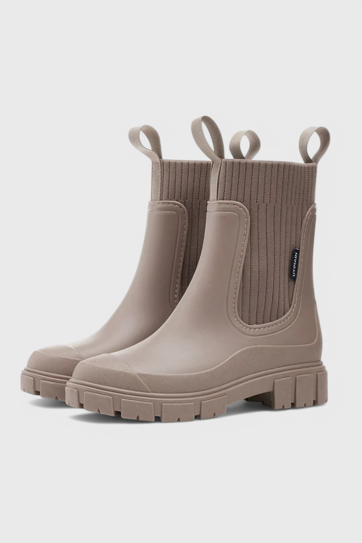 Stylish Ribbed Knit Waterproof Boots for Women with Chelsea Pull Tab Lug Sole Rain Style