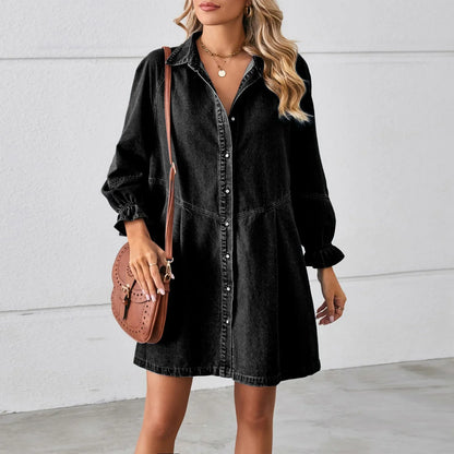 Effortless Denim Dress for Women with Collar Long Sleeve Button Front Mini Ruffle Cuff Casual Style