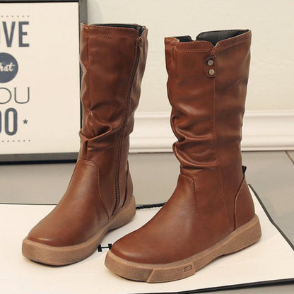Effortless Leather Mid Calf Waterproof Boots for Women with Side Zip Slouchy Shaft Stacked Heel Style