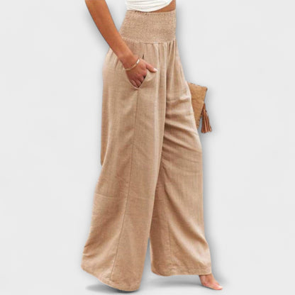 Effortless Khaki Wide Leg Pants for Women with Smocked High Waist Pleated Front Pocket Casual Style