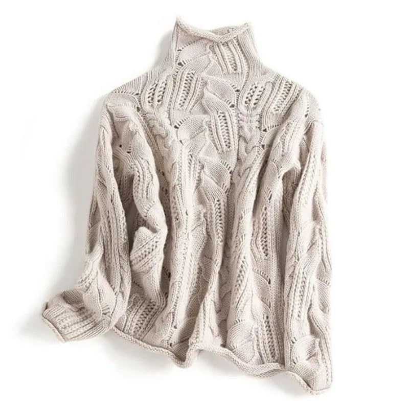 Comfortable Cable Knit Sweater for Women with High Neck Long Sleeve Relaxed Oversized Style