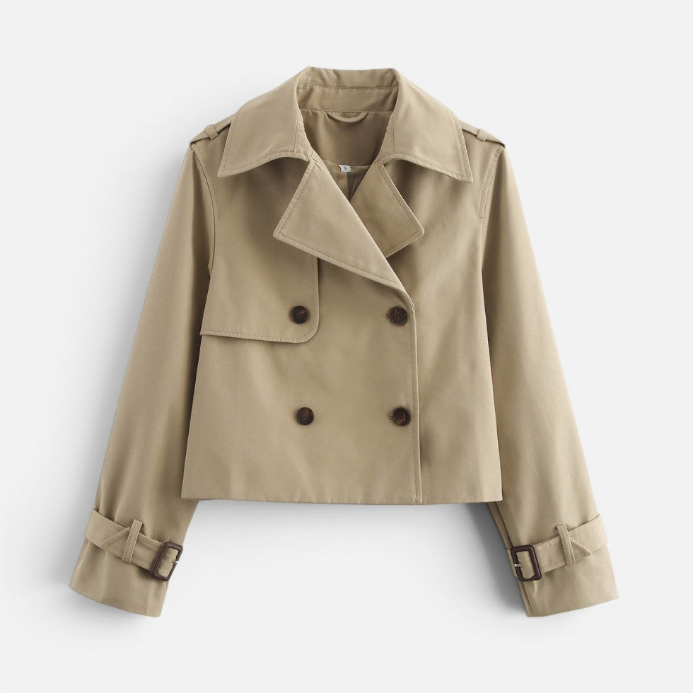 Elegant Cropped Trench Jacket for Women with Notch Lapel Long Sleeve Double Breasted Belted Cuff Style